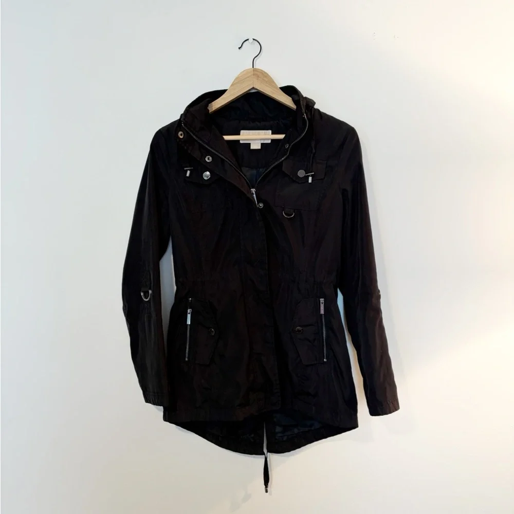 Michael Kors Black Zip Up Hooded Rain Utility Jacket